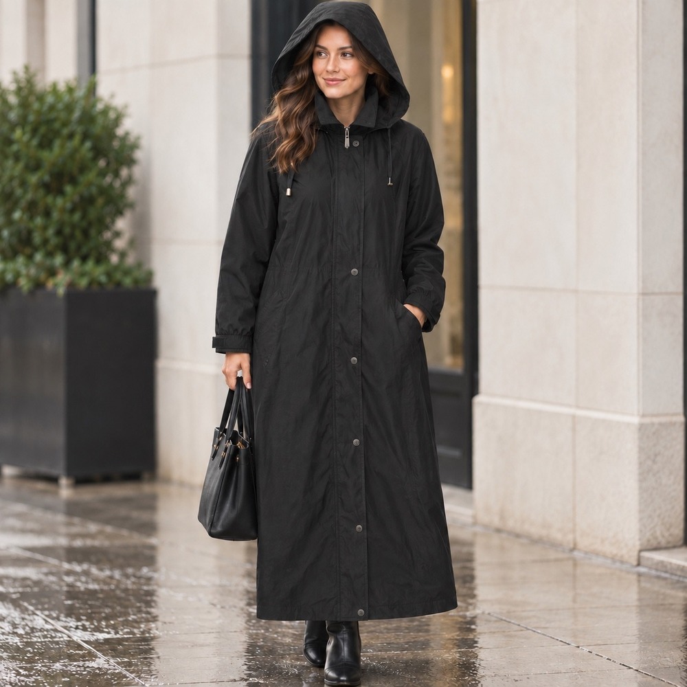 Vintage Liz Claiborne Size 8 Black Hooded Lined Maxi Raincoat 48.5" Long READ